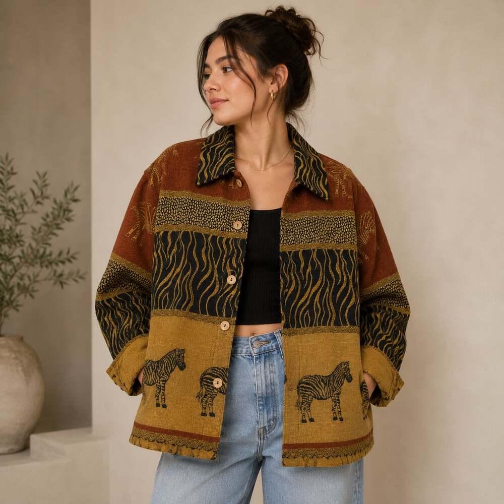 Vintage TanTrums Zebra Safari Jacket Brocade Tribal Boho Boxy Women's 2X